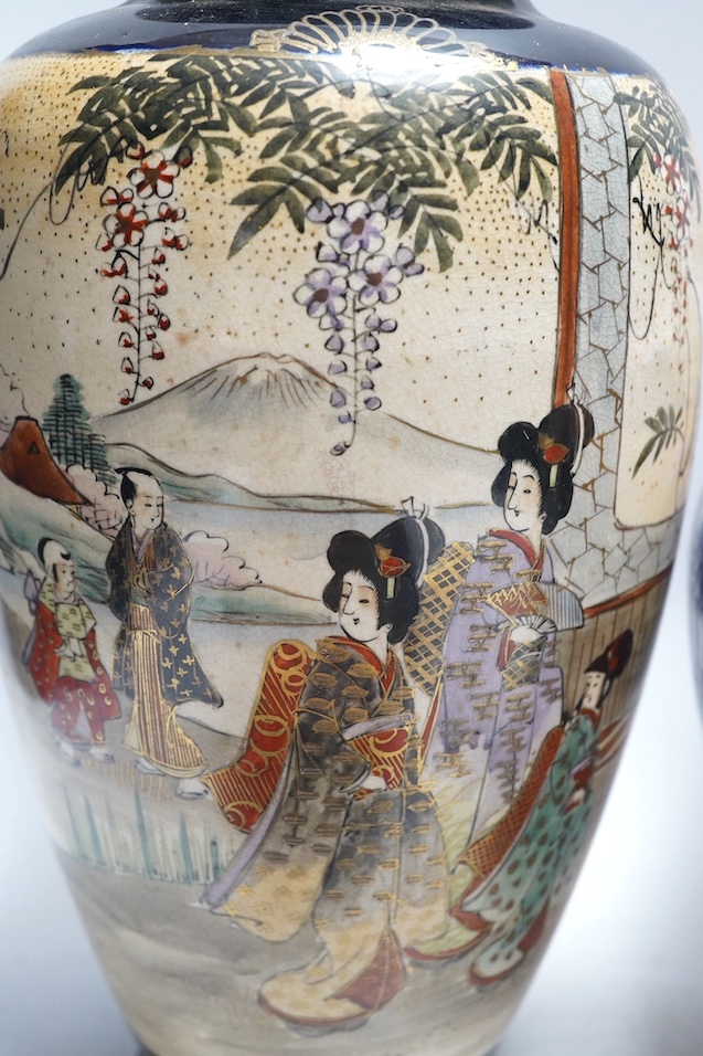 Japanese Kutani, Satsuma and Imari; four vases, a bowl, a pair of candlesticks and a pot (8). Condition - candle sticks damaged